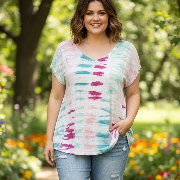 Jessica Simpson Tops - Jessica Simpson Tie Dye V Neck T‎ Shirt Top Women's 2X Pink Teal White